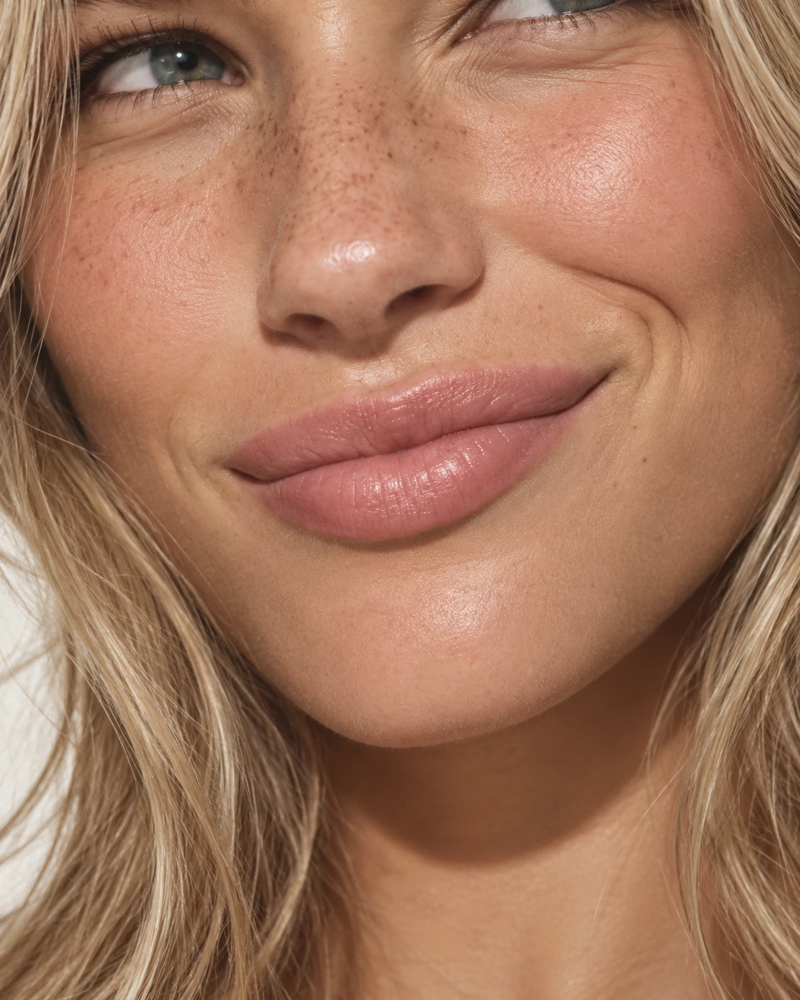 Extreme editorial detail shot showing realistic skin texture, natural freckles and a relaxed smile